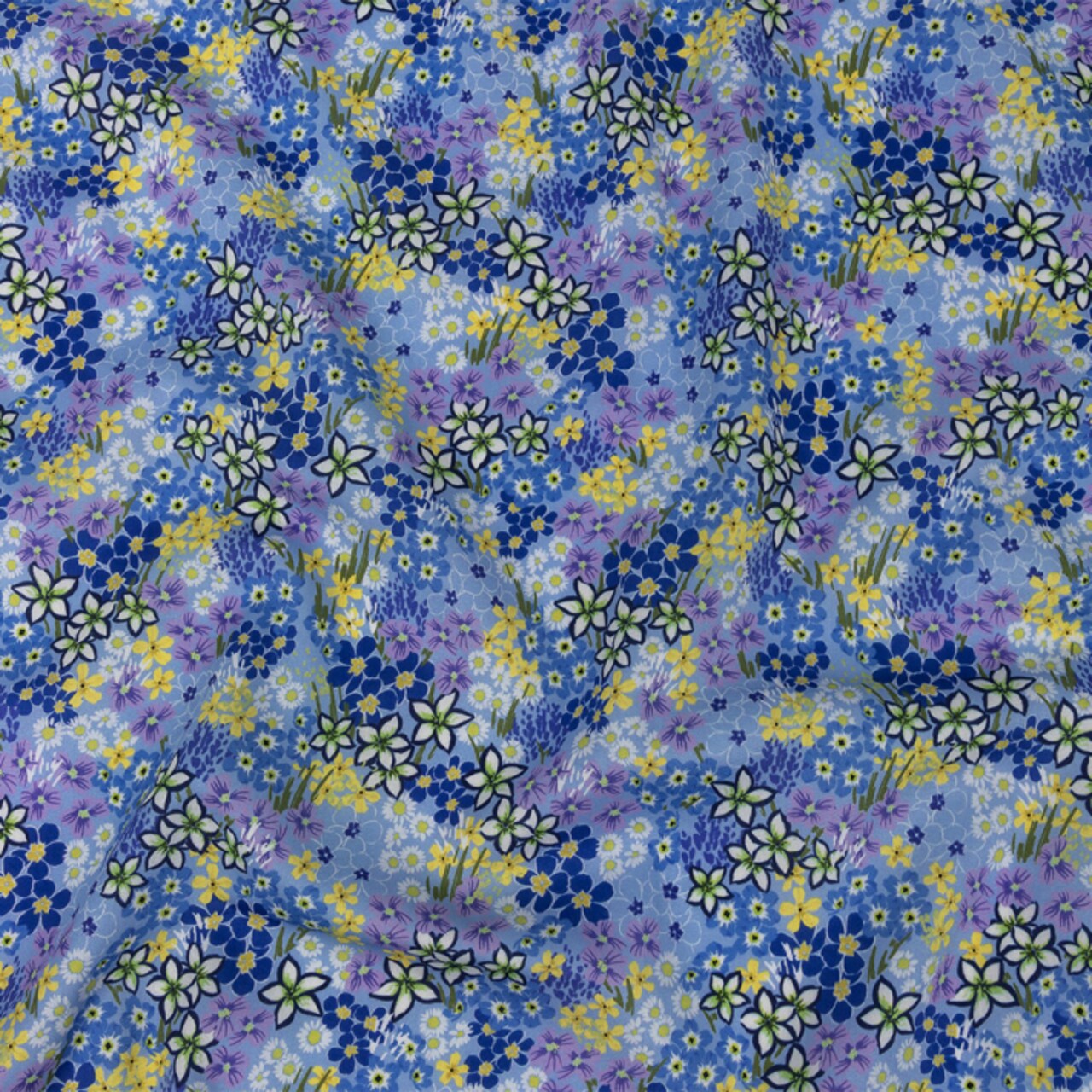 1 Yard Sky Blue Forget Me Not Cotton Voile Floral Yellow Blue